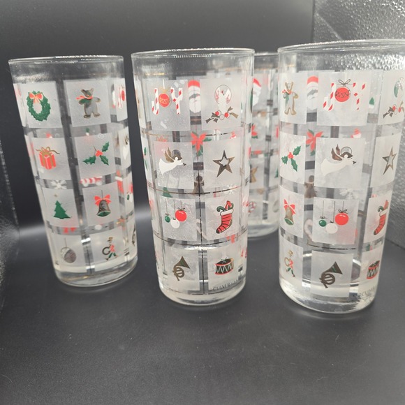 Vintage Culver Christmas Holiday Frosted Highball Glasses Set of 4 Santa Wreath - Picture 2 of 7